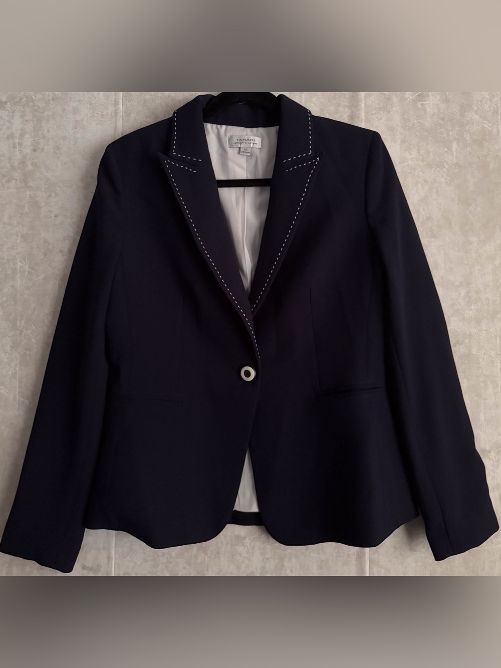 Tahari ASL Career Black Blazer Single Button White Stitch Trim Suit Jacket Sz10